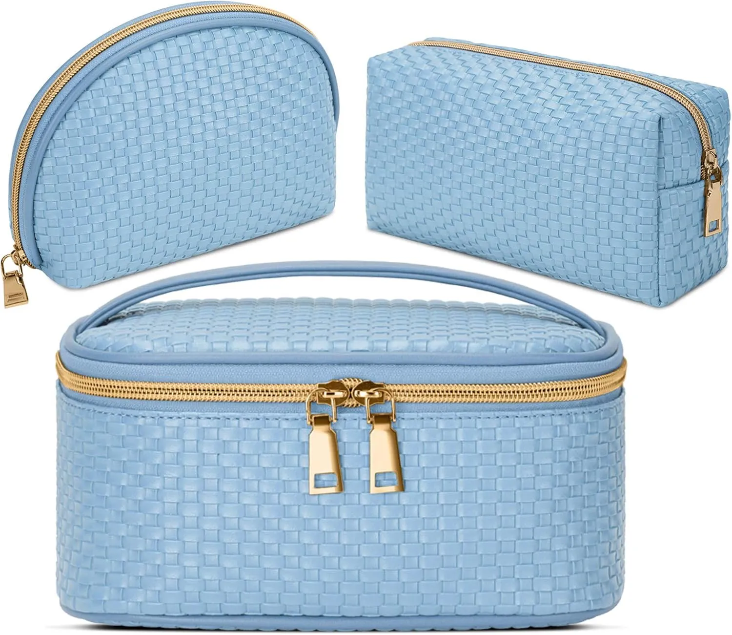 KTMOUW Makeup Bag 3 Pcs Waterproof Cosmetic Bag Set Portable Travel Cosmetic Bag Multifunction Organizer Storage Bag Weave Toiletry Bag for Women, Light Blue
