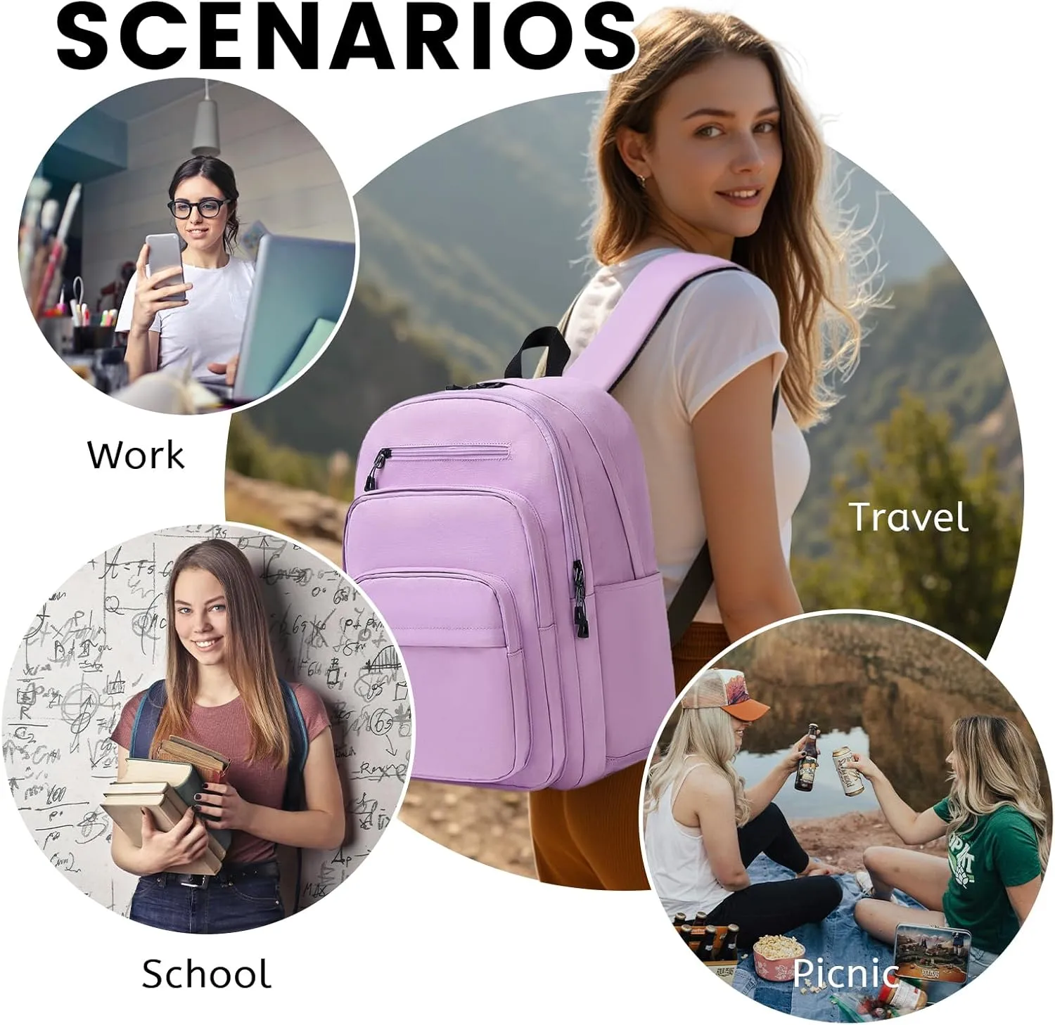 Lanola Basic Multi-Pocket Multipurpose Backpack Classical Water Resistant Student Bookbag For School Business Travel or Casual Daypack Backpacks For Men Or Women - Purple