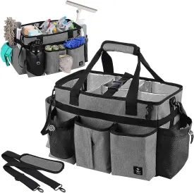 Large Cleaning Caddy Bag Built-in Sturdy Support Board, Cleaning Organizer with Detachable Divider, Cleaning Supply Tote with Adjustable Shoulder Strap&Waist Belt for Cleaners & Housekeeper