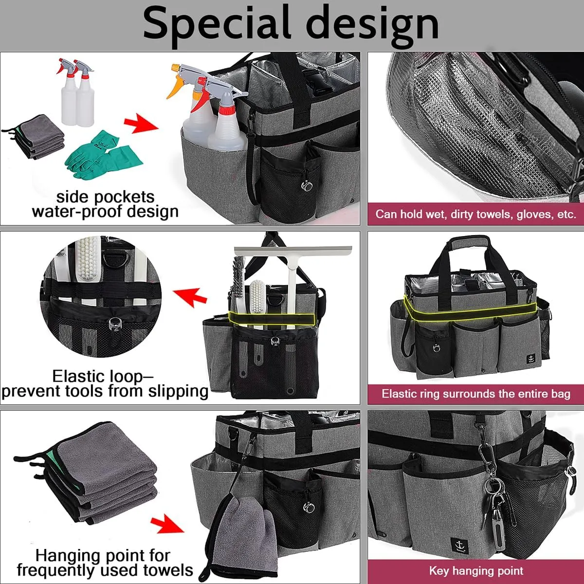 Large Cleaning Caddy Bag Built-in Sturdy Support Board, Cleaning Organizer with Detachable Divider, Cleaning Supply Tote with Adjustable Shoulder Strap&Waist Belt for Cleaners & Housekeeper