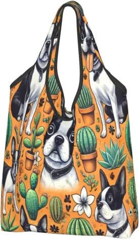 Large Reusable Foldable Shopping Bag,Boston Terrier Dogs Cactus Orange Kitchen Carry Tote,Grocery Pouch