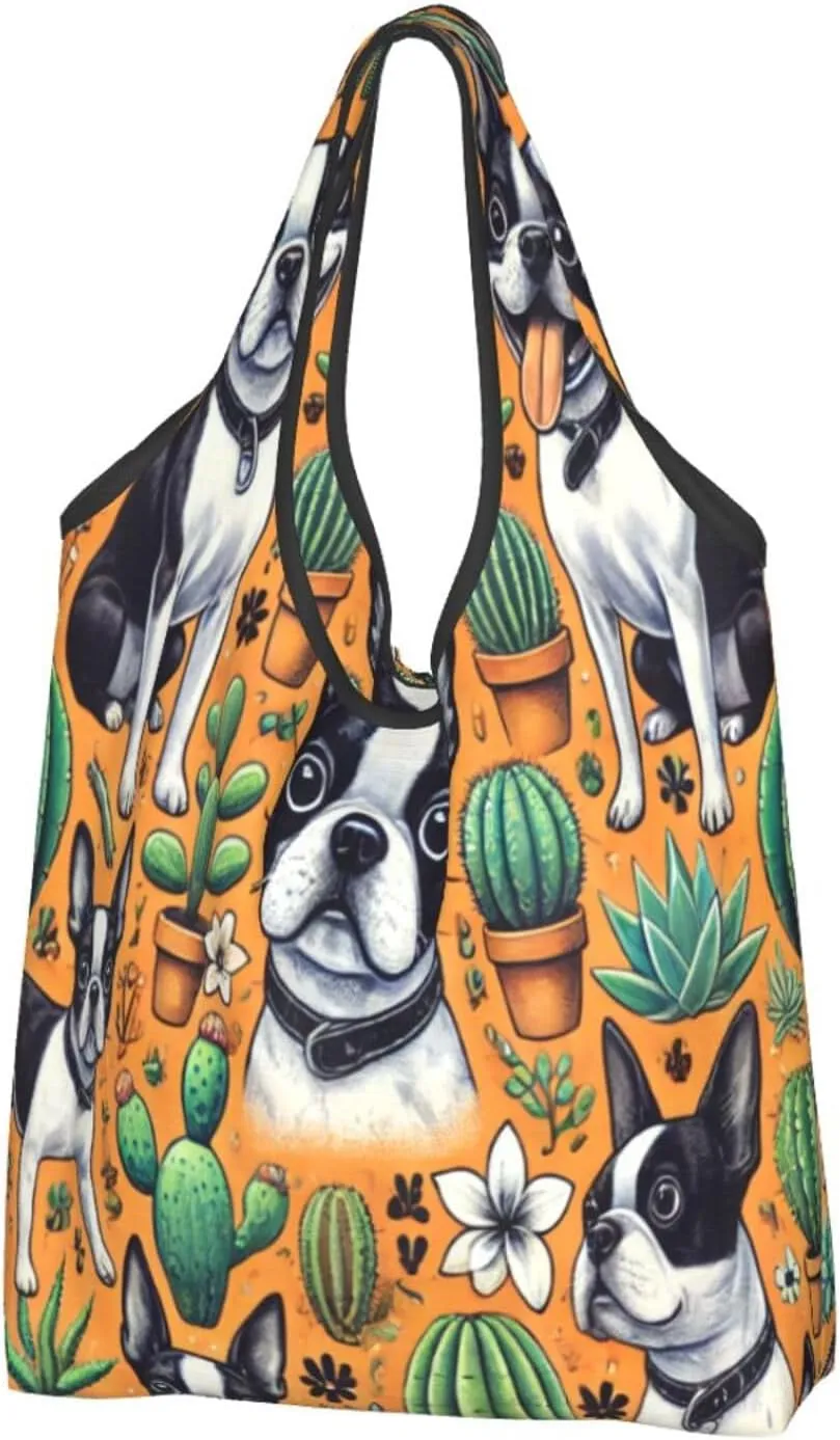 Large Reusable Foldable Shopping Bag,Boston Terrier Dogs Cactus Orange Kitchen Carry Tote,Grocery Pouch