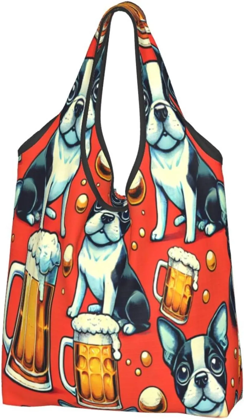 Large Reusable Foldable Shopping Bag,Boston Terriers Dogs Beer Kitchen Carry Tote,Grocery Pouch