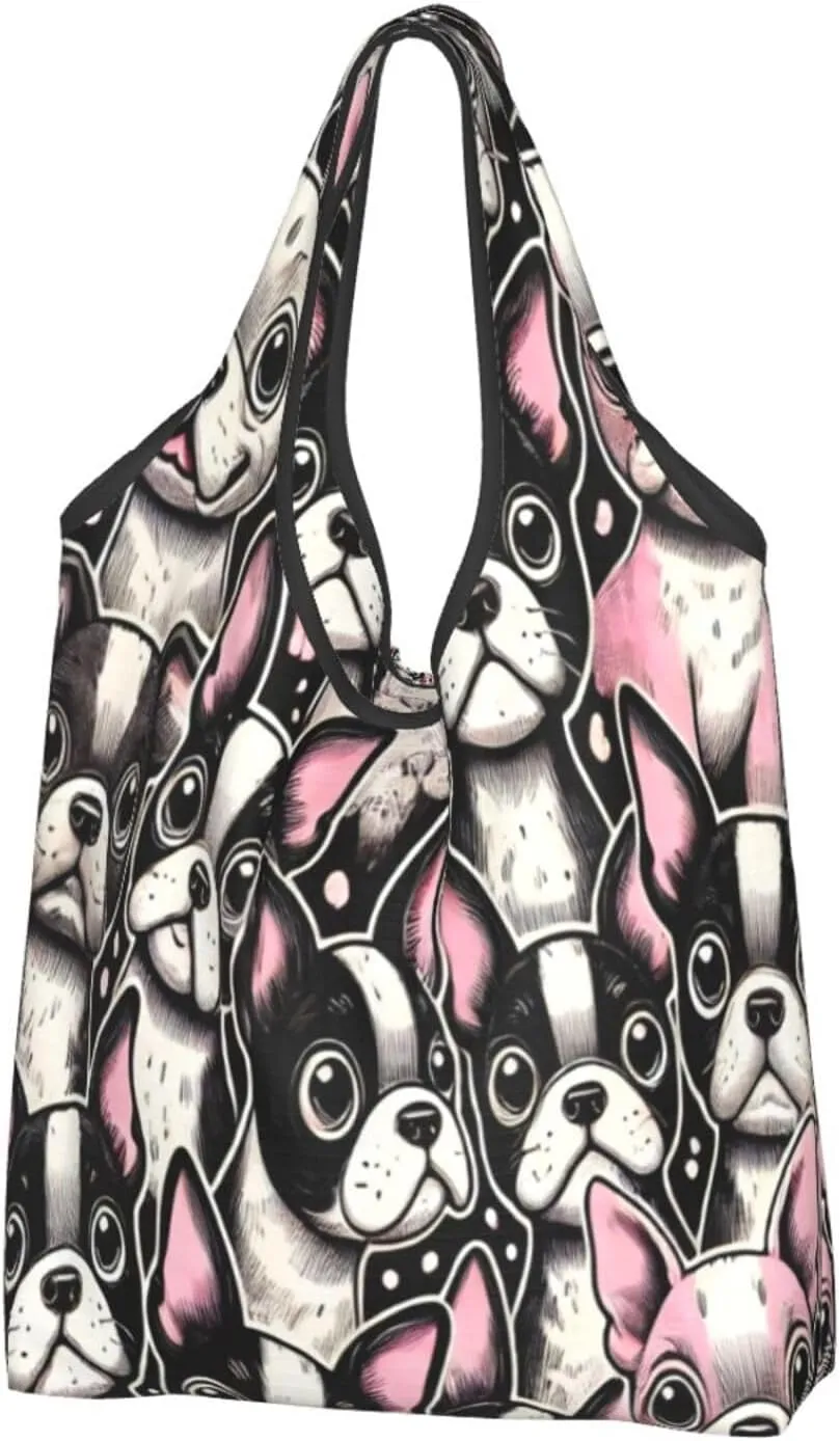 Large Reusable Foldable Shopping Bag,Cute Boston Terrier Dog Kitchen Carry Tote,Grocery Pouch