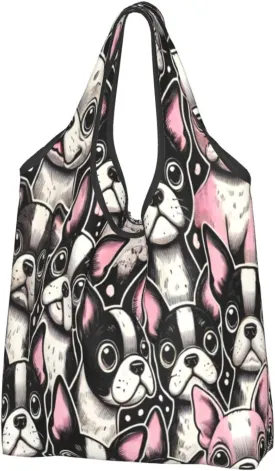 Large Reusable Foldable Shopping Bag,Cute Boston Terrier Dog Kitchen Carry Tote,Grocery Pouch