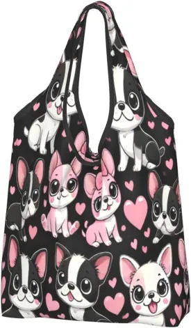 Large Reusable Foldable Shopping Bag,Puppy Boston Terrier Dog Kitchen Carry Tote,Grocery Pouch