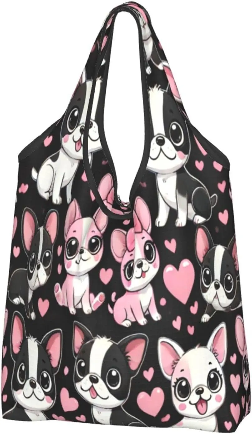 Large Reusable Foldable Shopping Bag,Puppy Boston Terrier Dog Kitchen Carry Tote,Grocery Pouch