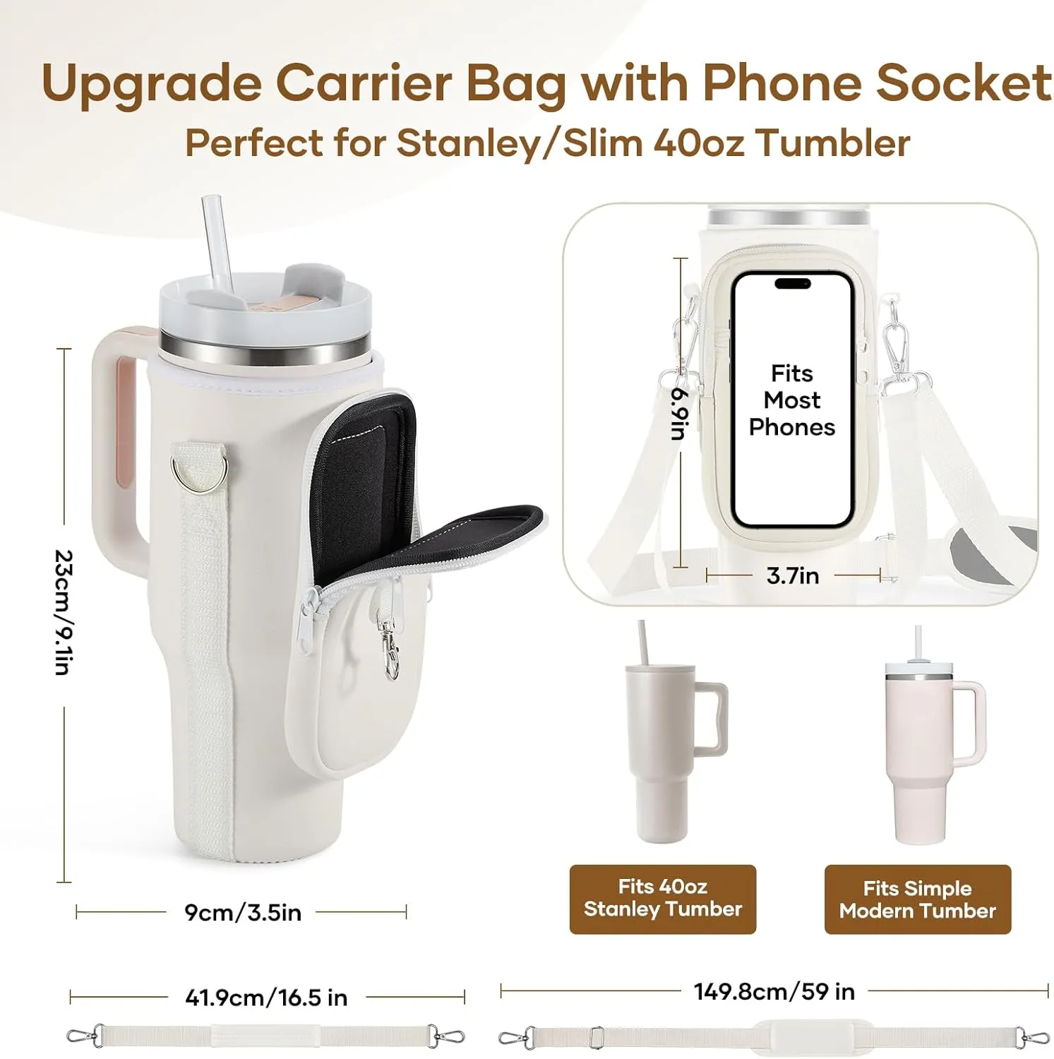linmaya Water Bottle Carrier Bag with Phone Pocket for Stanley Cup 40/30oz,Insulated Neoprene Water Bottle Holder Cross-boday Bag with Adjustable Shoulder & Handheld Strap Stanley Cup Accessories