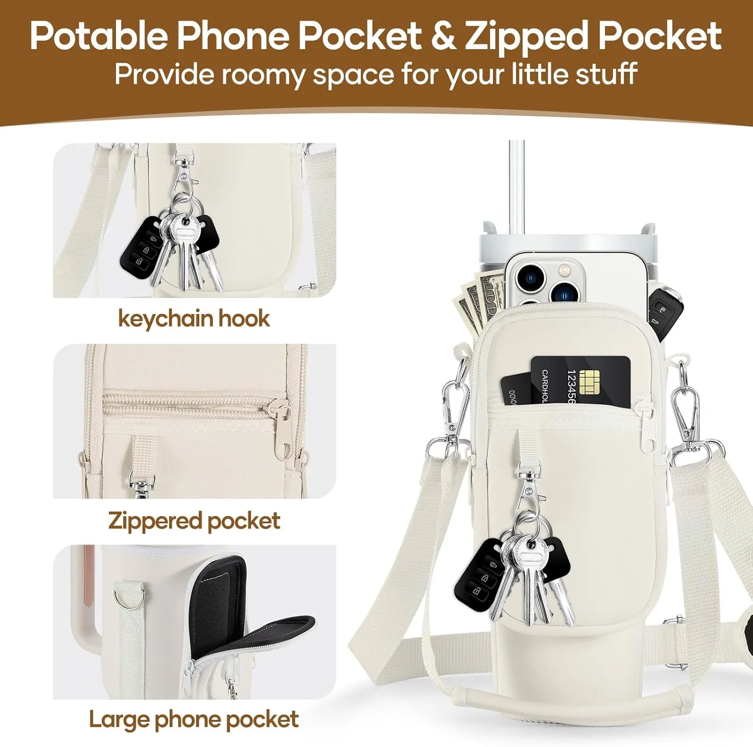 linmaya Water Bottle Carrier Bag with Phone Pocket for Stanley Cup 40/30oz,Insulated Neoprene Water Bottle Holder Cross-boday Bag with Adjustable Shoulder & Handheld Strap Stanley Cup Accessories