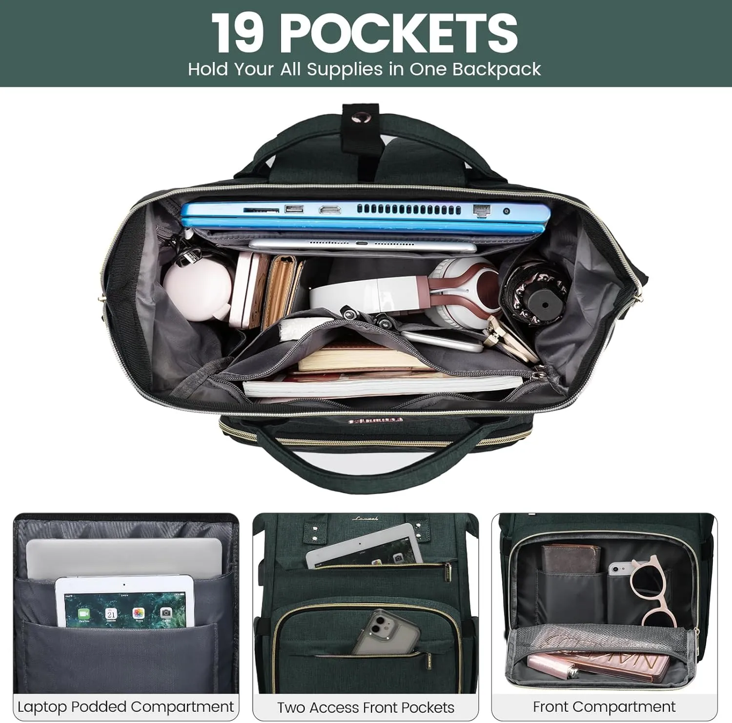 LOVEVOOK Laptop Backpack for Women,17 Inch Professional Womens Travel Backpack Purse Computer Laptop Bag Nurse Teacher Backpack,Waterproof Work Bags Carry on Back Pack with USB Port,Dark Green