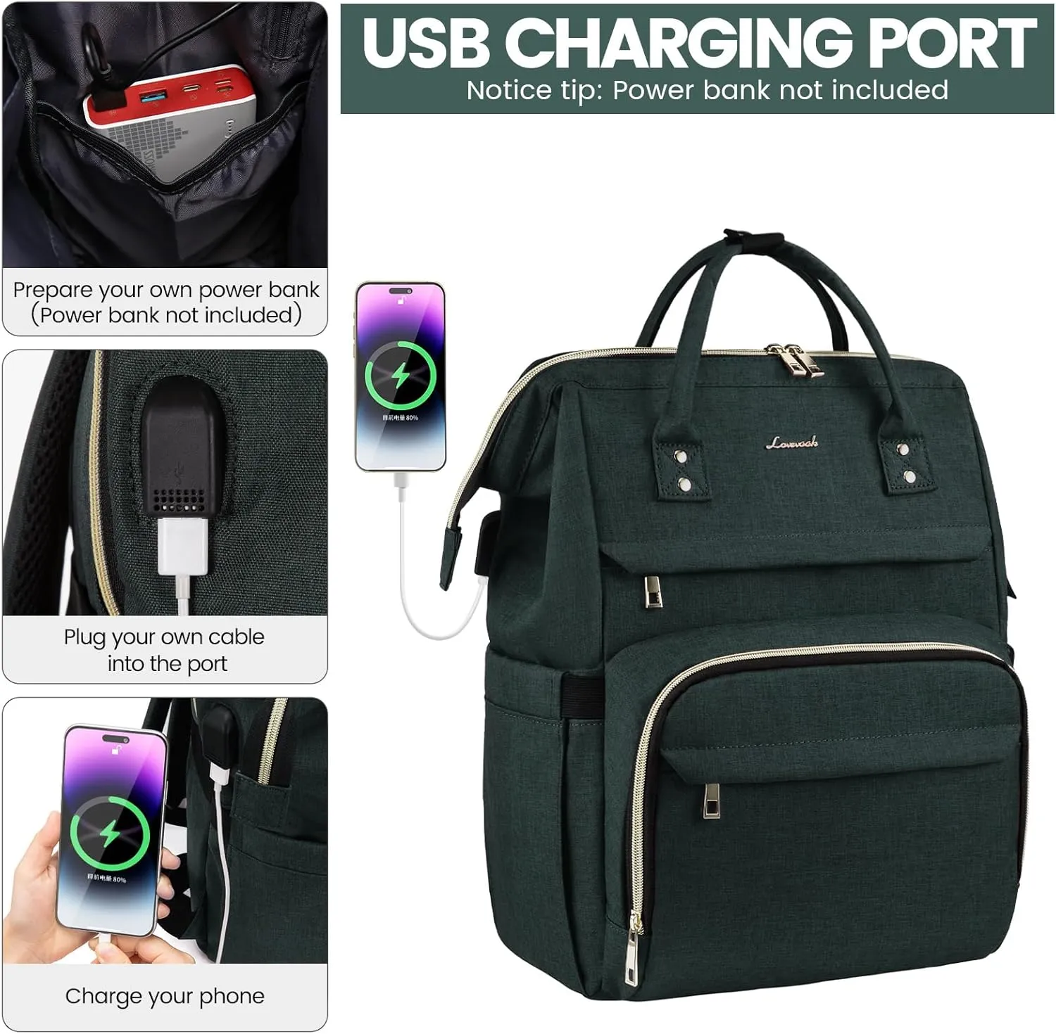 LOVEVOOK Laptop Backpack for Women,17 Inch Professional Womens Travel Backpack Purse Computer Laptop Bag Nurse Teacher Backpack,Waterproof Work Bags Carry on Back Pack with USB Port,Dark Green