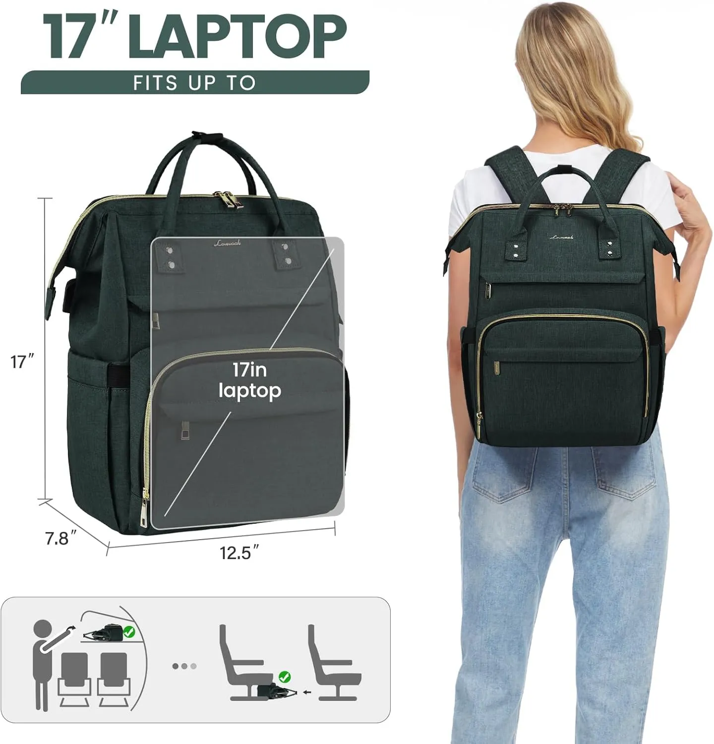 LOVEVOOK Laptop Backpack for Women,17 Inch Professional Womens Travel Backpack Purse Computer Laptop Bag Nurse Teacher Backpack,Waterproof Work Bags Carry on Back Pack with USB Port,Dark Green
