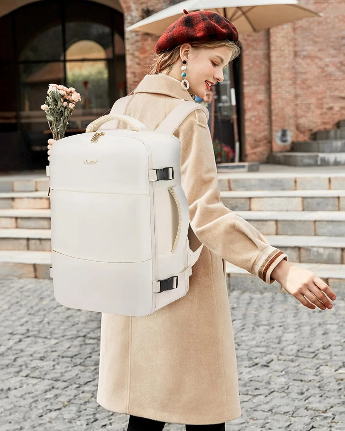 LOVEVOOK Travel Backpack for Women,40L Carry On Backpack Flight Approved with 3 Packing Cubes,TSA Personal Item Travel Bag Fits 17.3 Laptop,Weekender Hiking Business Luggage Daypack Beige