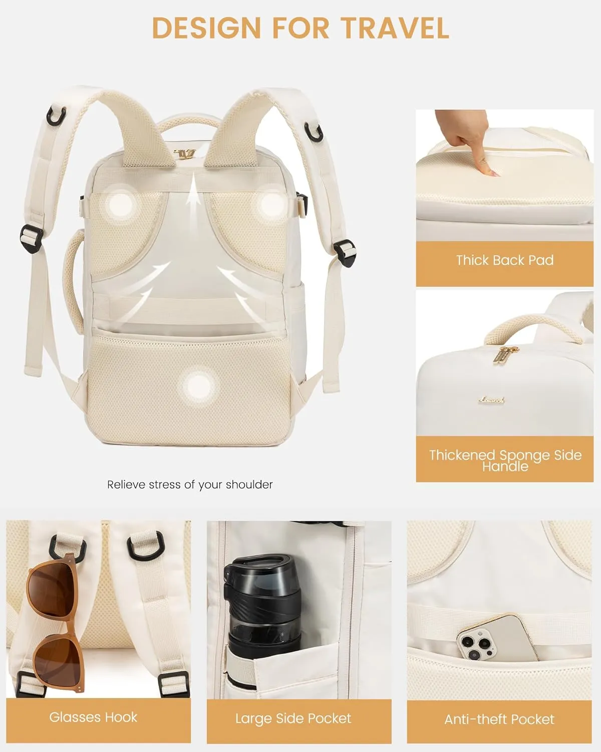 LOVEVOOK Travel Backpack for Women,40L Carry On Backpack Flight Approved with 3 Packing Cubes,TSA Personal Item Travel Bag Fits 17.3 Laptop,Weekender Hiking Business Luggage Daypack Beige