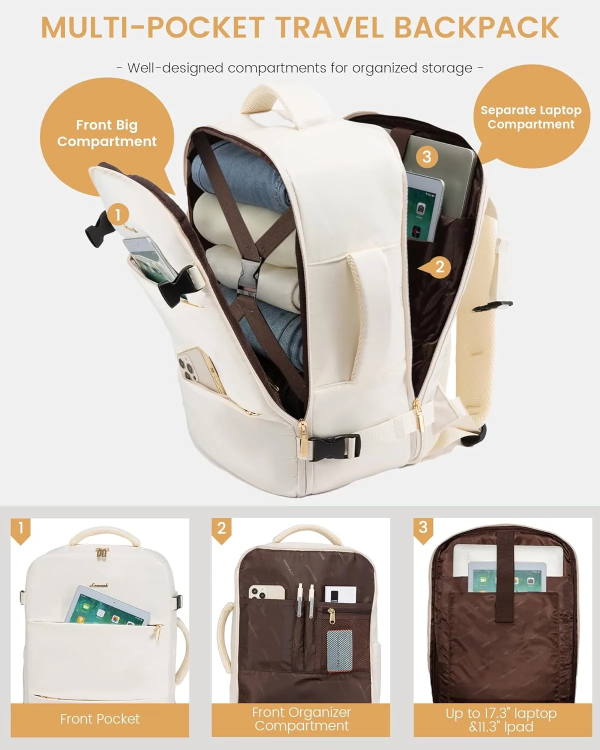 LOVEVOOK Travel Backpack for Women,40L Carry On Backpack Flight Approved with 3 Packing Cubes,TSA Personal Item Travel Bag Fits 17.3 Laptop,Weekender Hiking Business Luggage Daypack Beige