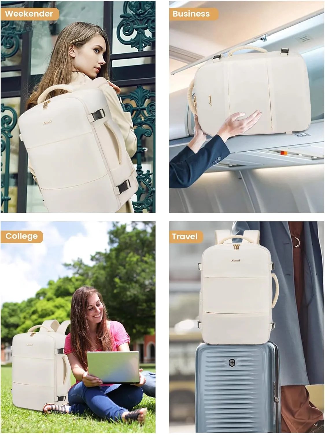 LOVEVOOK Travel Backpack for Women,40L Carry On Backpack Flight Approved with 3 Packing Cubes,TSA Personal Item Travel Bag Fits 17.3 Laptop,Weekender Hiking Business Luggage Daypack Beige
