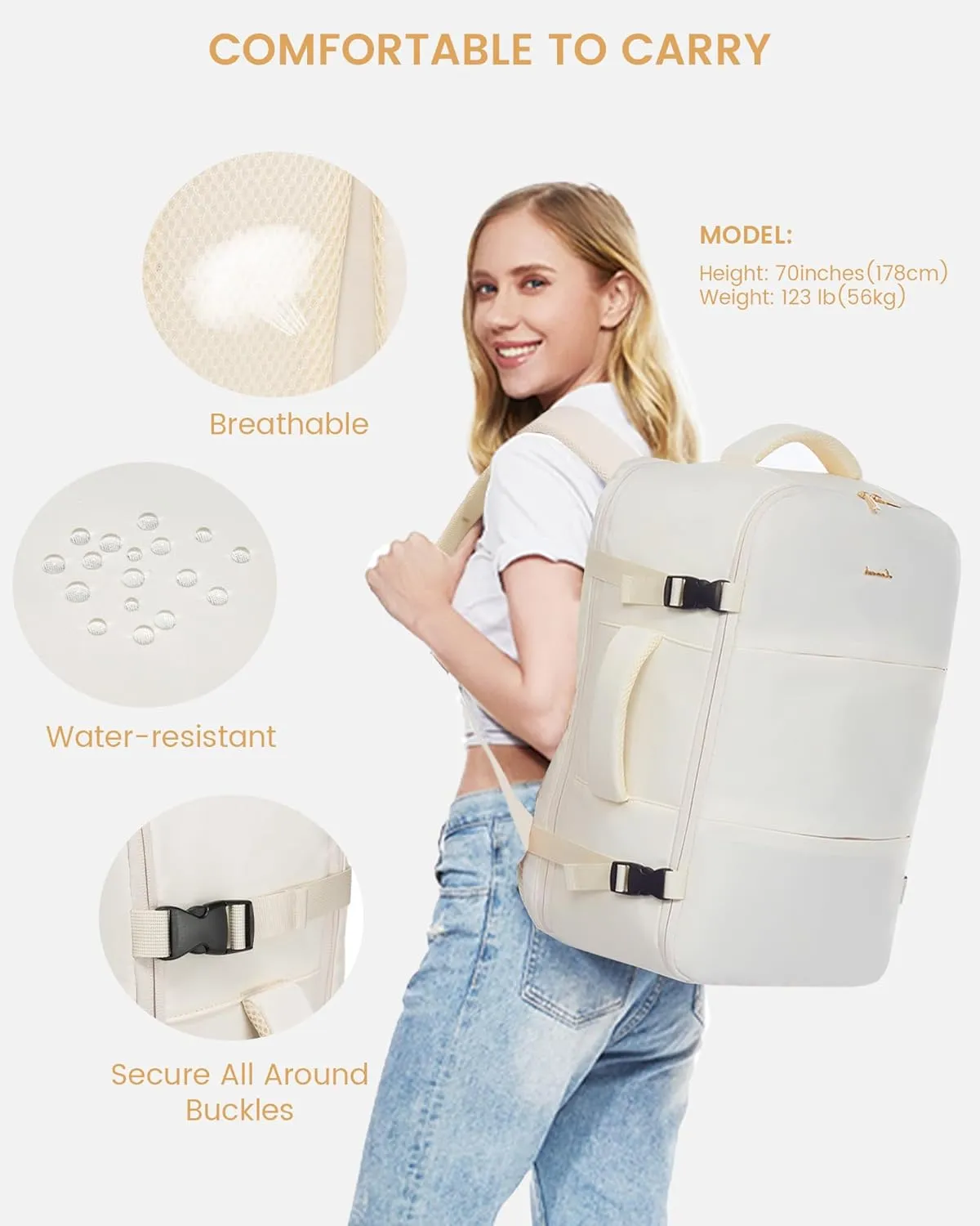 LOVEVOOK Travel Backpack for Women,40L Carry On Backpack Flight Approved with 3 Packing Cubes,TSA Personal Item Travel Bag Fits 17.3 Laptop,Weekender Hiking Business Luggage Daypack Beige