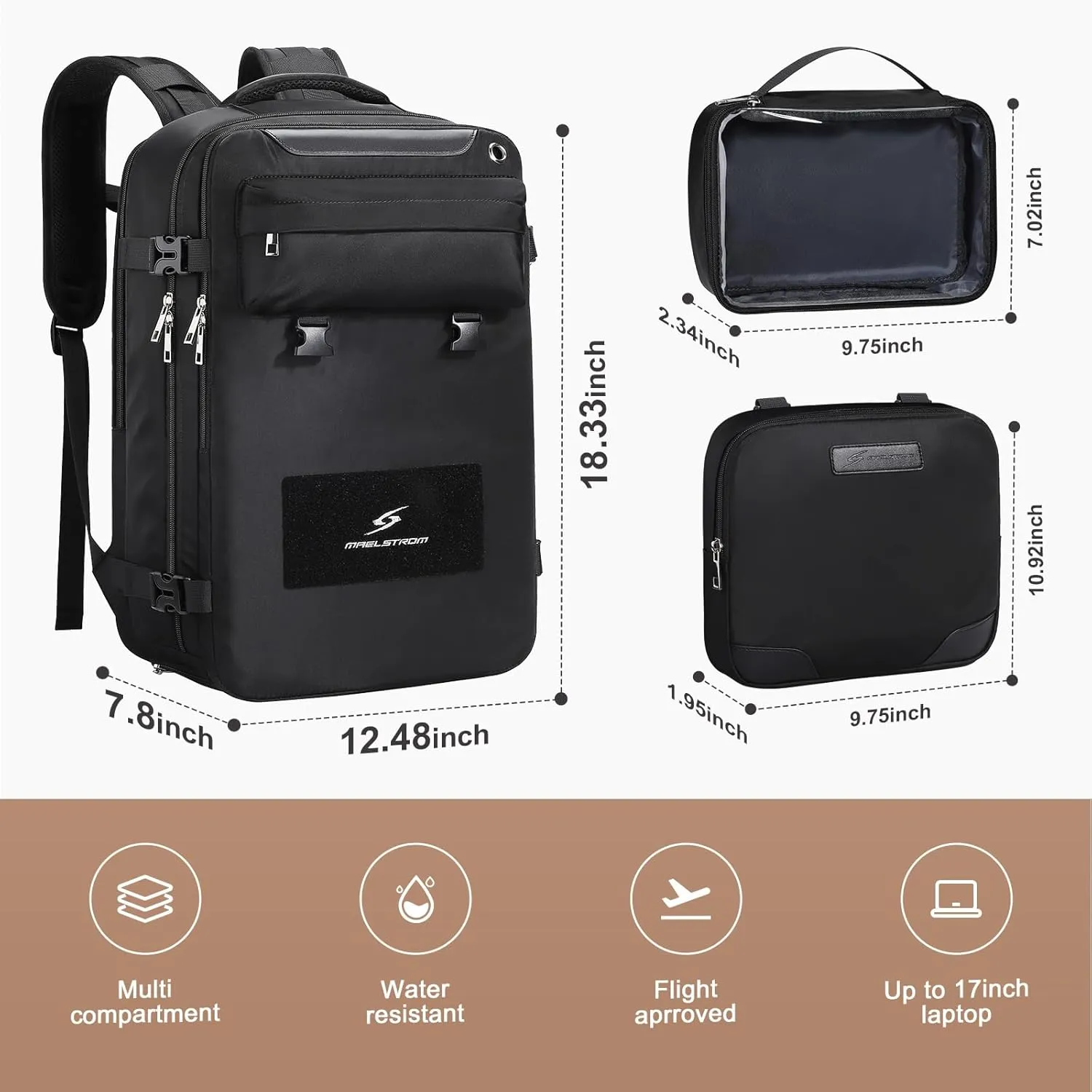 Maelstrom Travel Backpack for Women Men,35L Laptop Backpack Fits 17-Inch Laptop,Carry On Backpack for Airplanes with Crossbody Bag&Shoe Compartment&Toiletry Bag,Black,Large