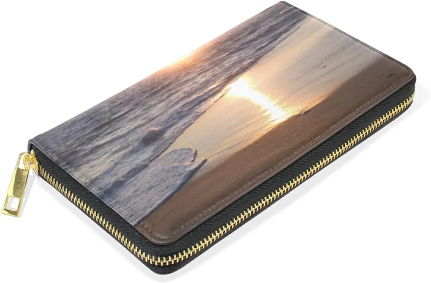 Malibu Sunset Sea Beach with Wisps of Clouds Leather Long Wallet Organizer with Zipper Purse Clutch Bag for Women Men