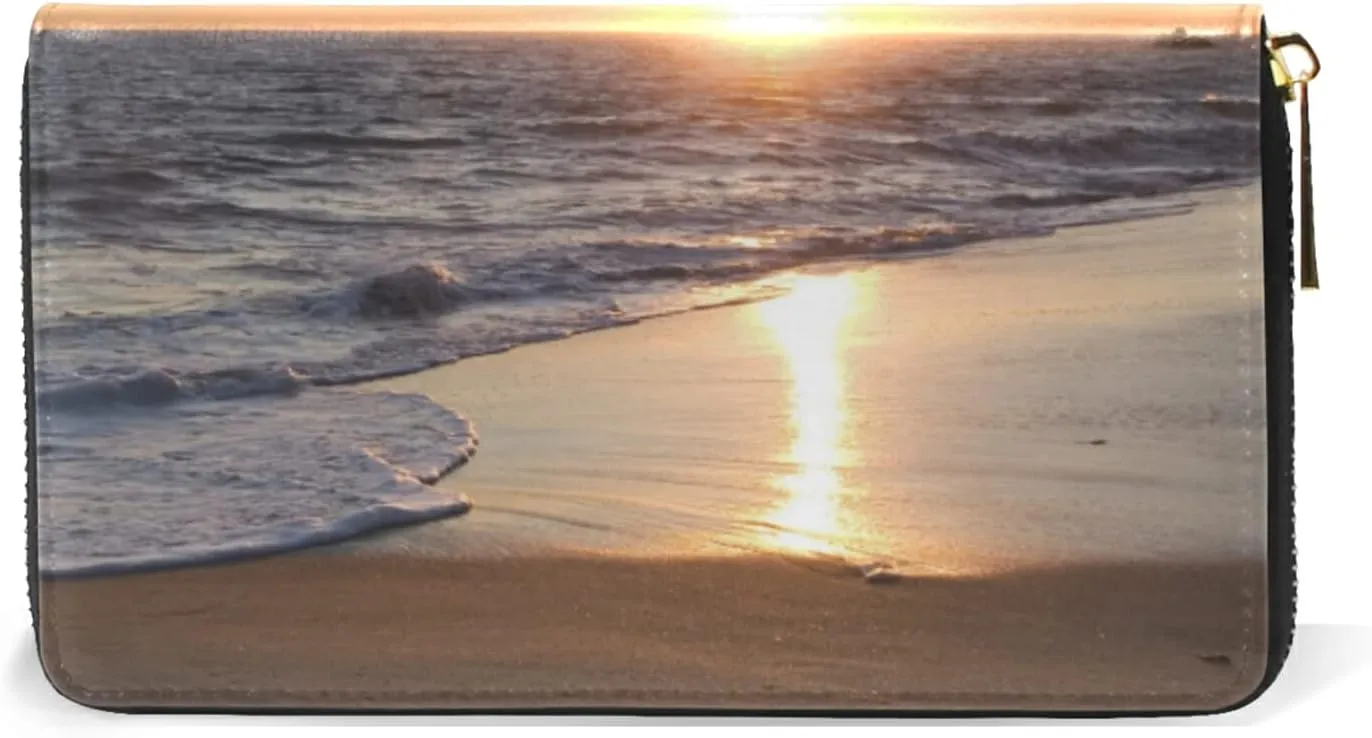 Malibu Sunset Sea Beach with Wisps of Clouds Leather Long Wallet Organizer with Zipper Purse Clutch Bag for Women Men