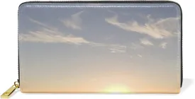 Malibu Sunset Sea Beach with Wisps of Clouds Leather Long Wallet Organizer with Zipper Purse Clutch Bag for Women Men