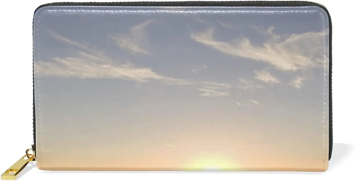 Malibu Sunset Sea Beach with Wisps of Clouds Leather Long Wallet Organizer with Zipper Purse Clutch Bag for Women Men