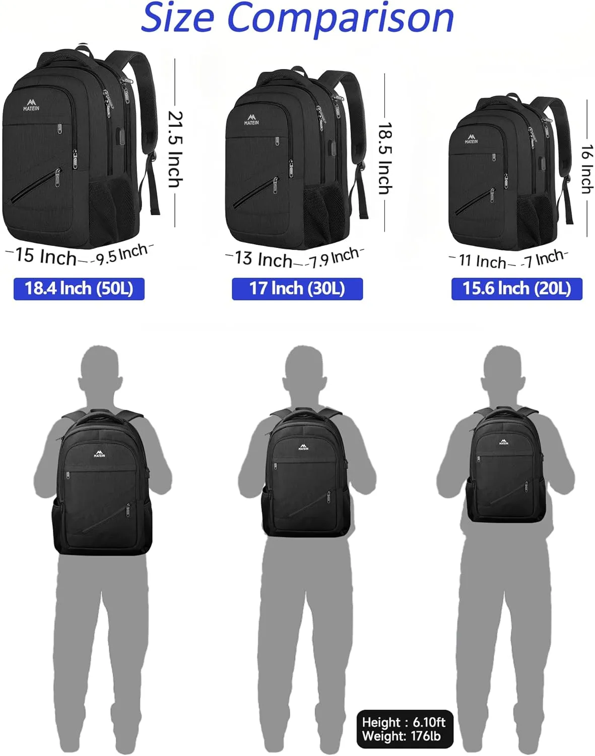 MATEIN 50 L Business Travel Laptop Backpack TSA Approved, 18.4 Inch Anti Theft Carryon Backpack for Men Women, Extra Large Work Bag with USB Port and Luggage Strap, Black