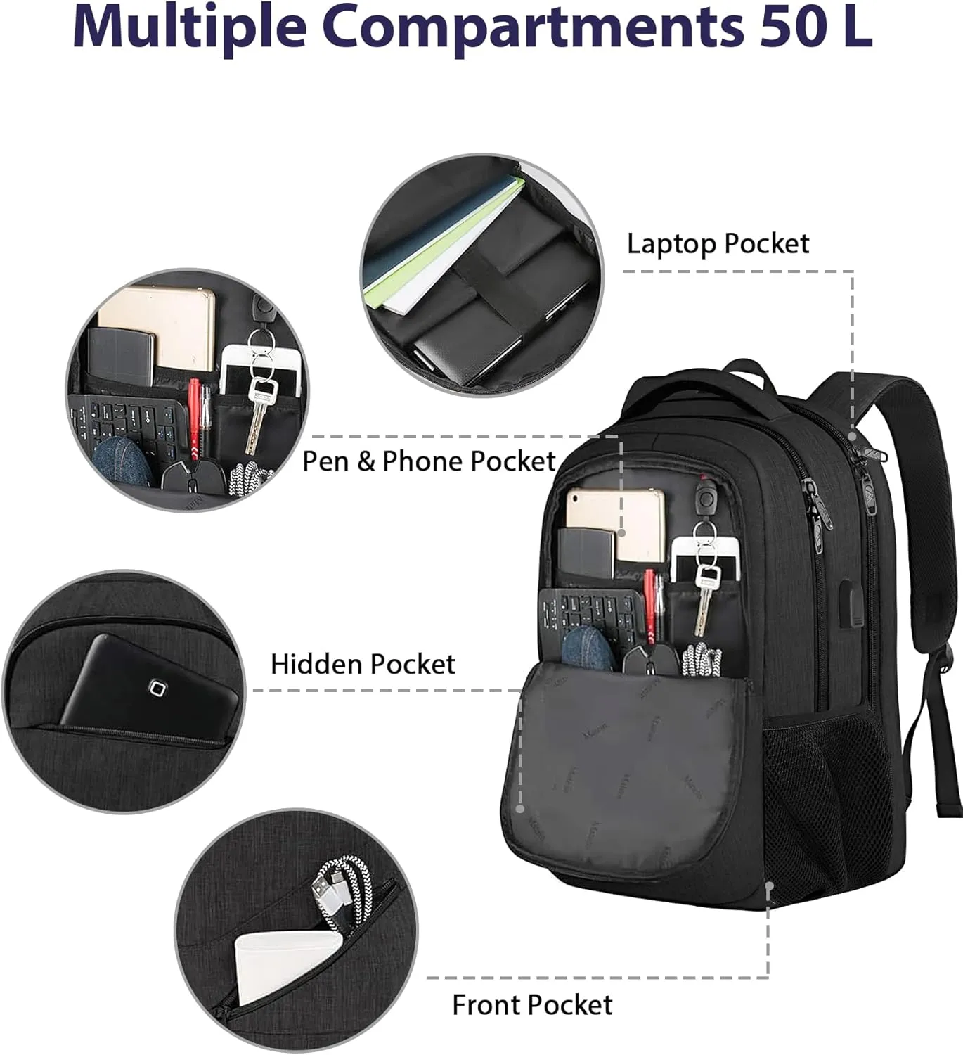 MATEIN 50 L Business Travel Laptop Backpack TSA Approved, 18.4 Inch Anti Theft Carryon Backpack for Men Women, Extra Large Work Bag with USB Port and Luggage Strap, Black