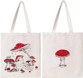 Mushroom Tote Bag Cute Frog Tote Bag Vintage Aesthetics Tote Bag for Women Gift Cotton Canvas Bag Reusable Grocery Bag Shopping Shoulder Bag Beach Bag