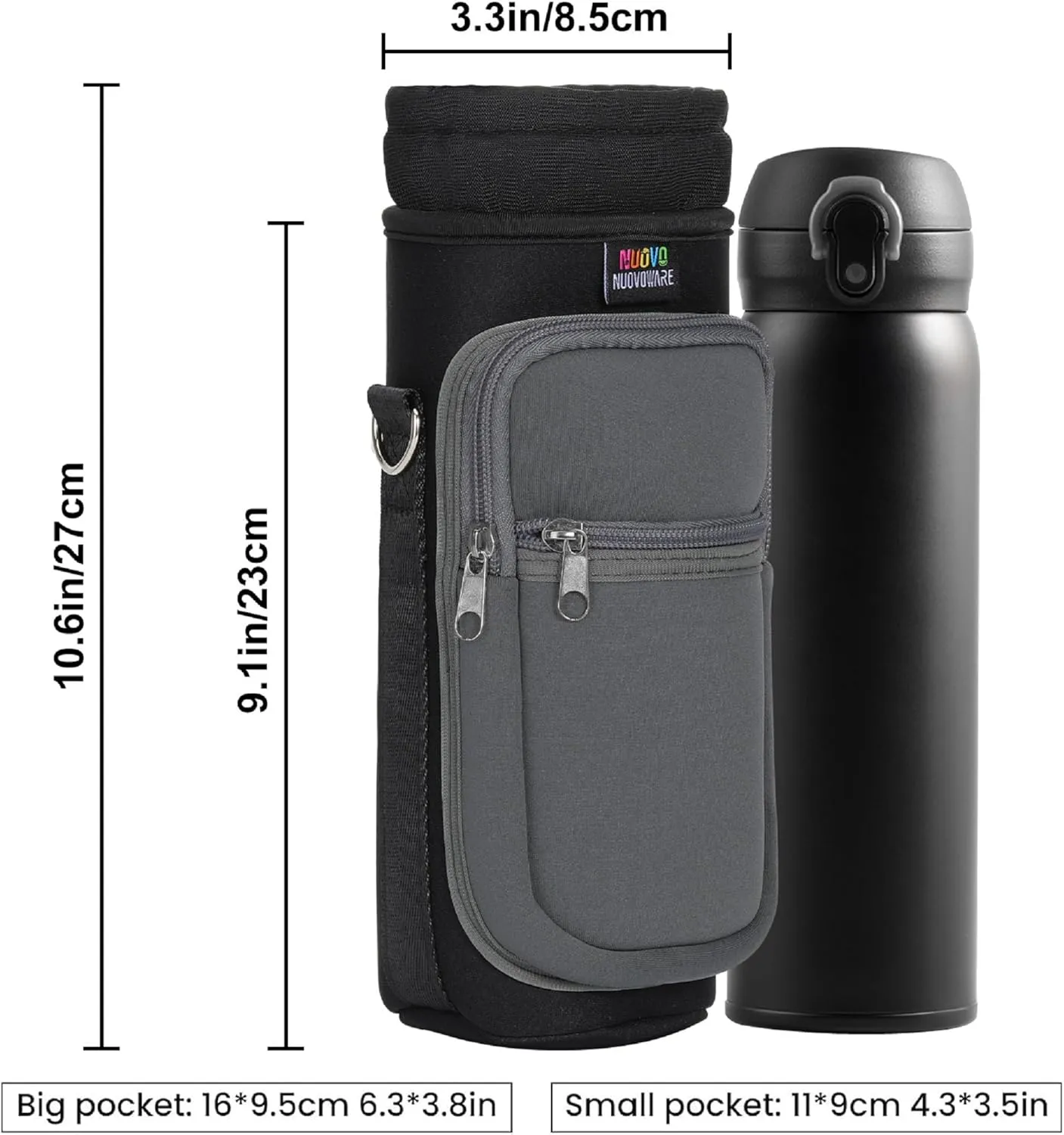 Nuovoware Water Bottle Carrier Bag,25oz/40oz/64oz Bottle Pouch Holder,Adjustable Shoulder Hand Strap 2 Pocket Sling Neoprene Sleeve Sports Accessories for Hiking Travelling Camping