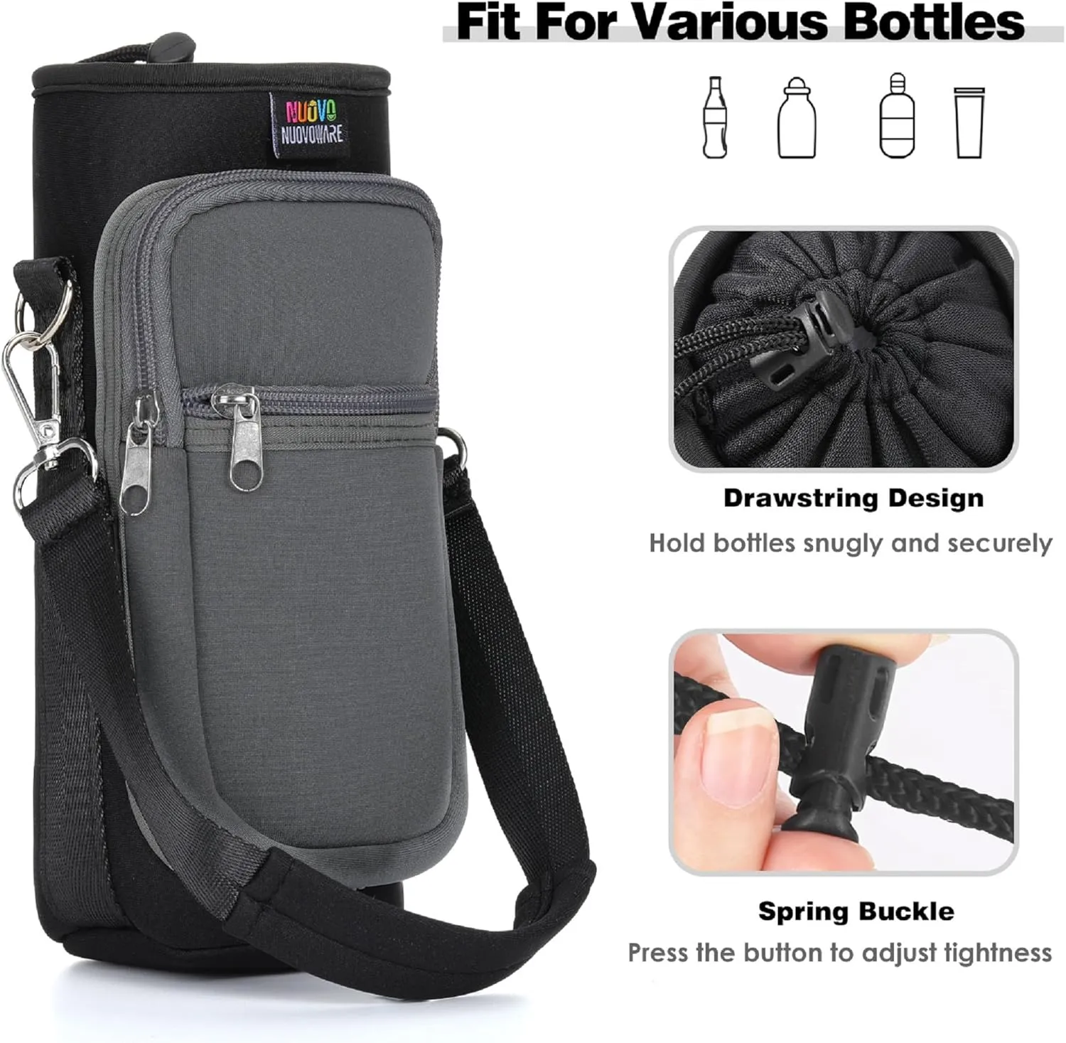 Nuovoware Water Bottle Carrier Bag,25oz/40oz/64oz Bottle Pouch Holder,Adjustable Shoulder Hand Strap 2 Pocket Sling Neoprene Sleeve Sports Accessories for Hiking Travelling Camping