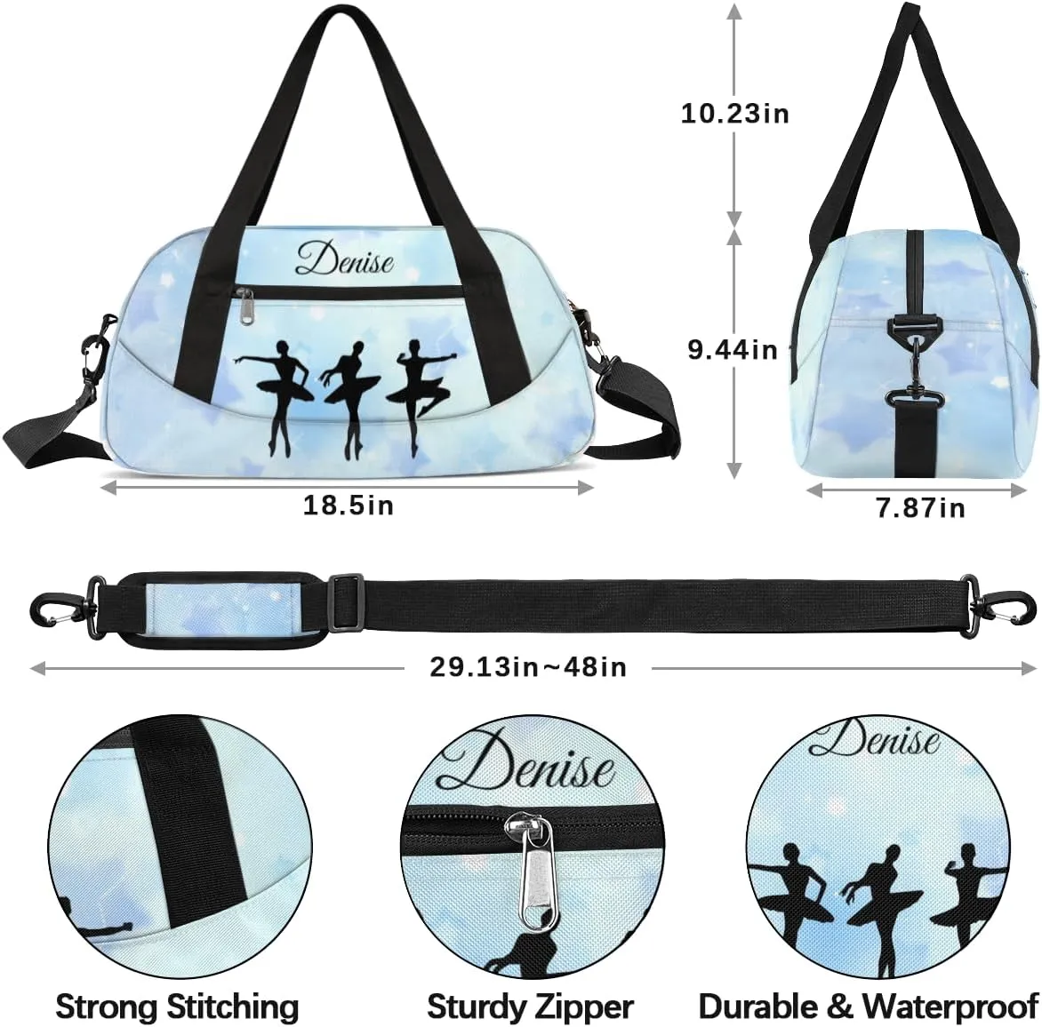 Personalized Gym Bag for Girls Teens, Custom Dance Bag Overnight Small Duffel Bag Carry On Weekend Sports Travel Bag for School Practice Gymnastics Ballet, Blue Stars