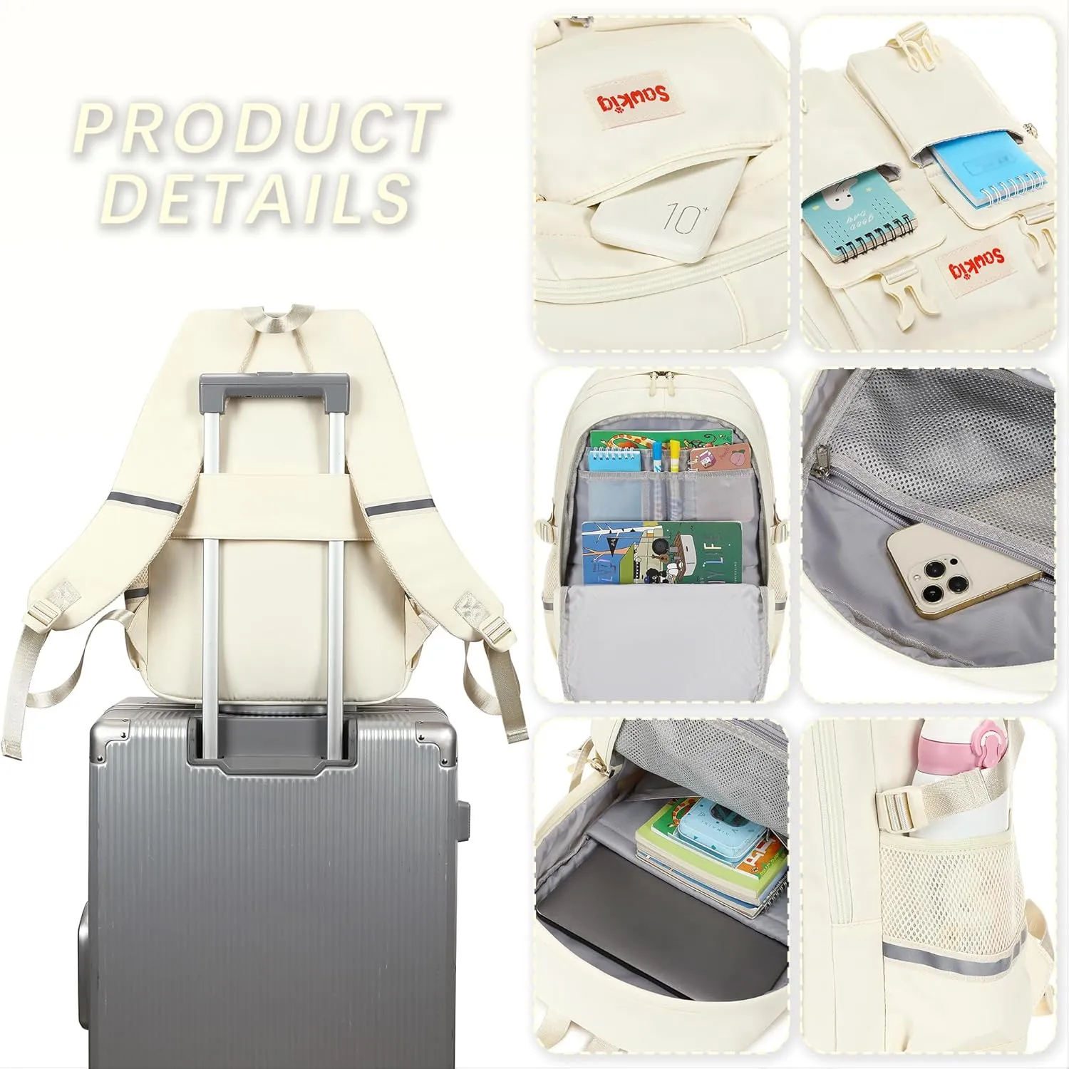 School Backpack for Girls 17 inch Cute Bookbag Multi-pocket Backpack for Kids Elementary Middle School Bags for Girls (Beige)
