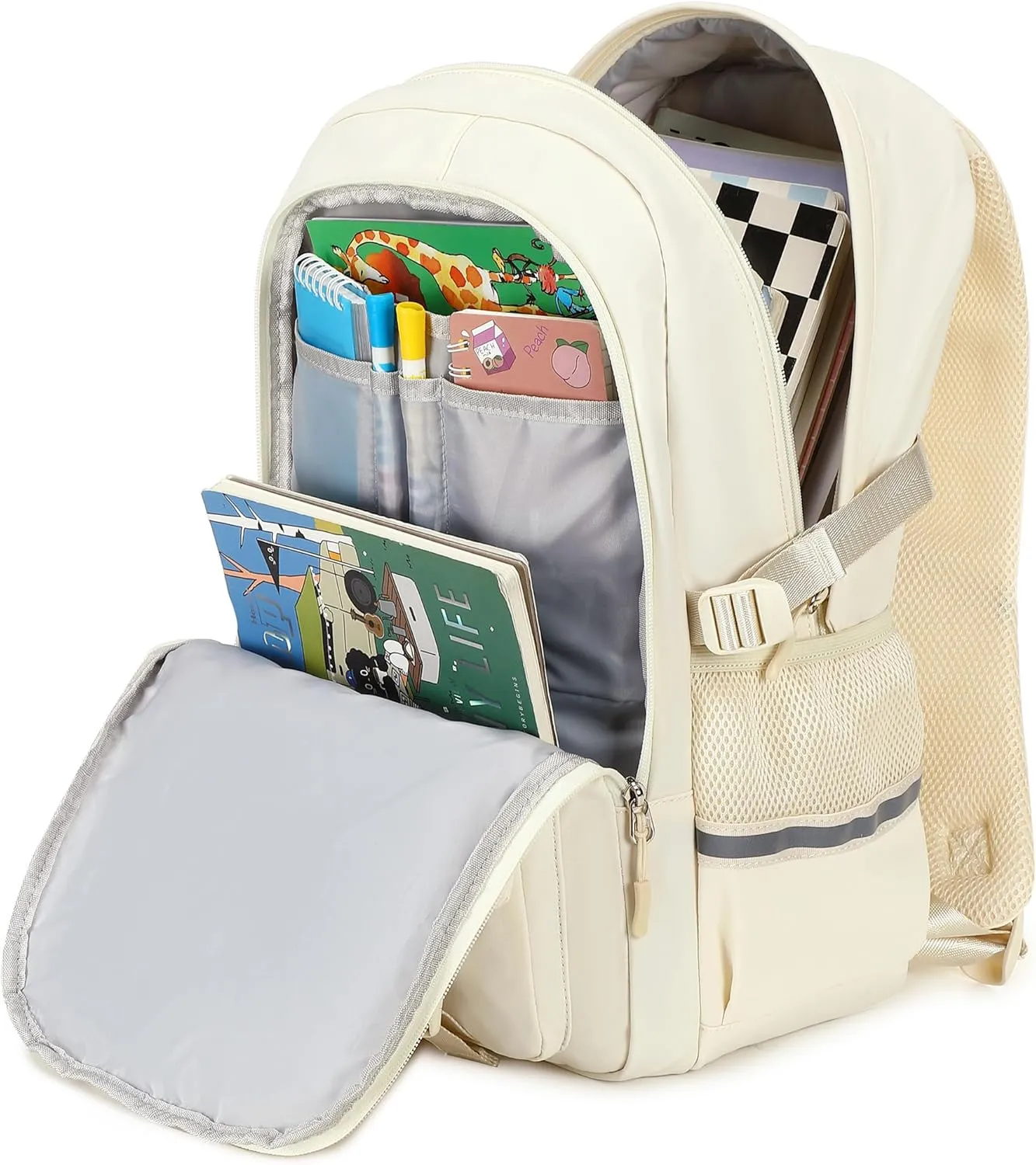 School Backpack for Girls 17 inch Cute Bookbag Multi-pocket Backpack for Kids Elementary Middle School Bags for Girls (Beige)