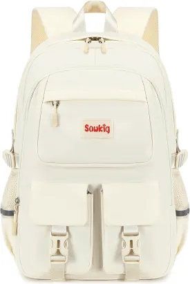 School Backpack for Girls 17 inch Cute Bookbag Multi-pocket Backpack for Kids Elementary Middle School Bags for Girls (Beige)