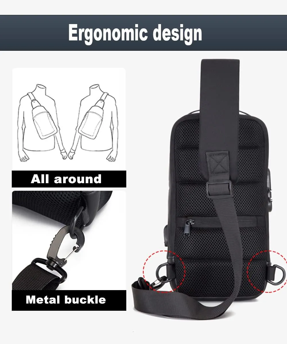 Sling Backpack USB Anti-Theft Waterproof Chest Daypack Casual Shoulder Bag (Black)