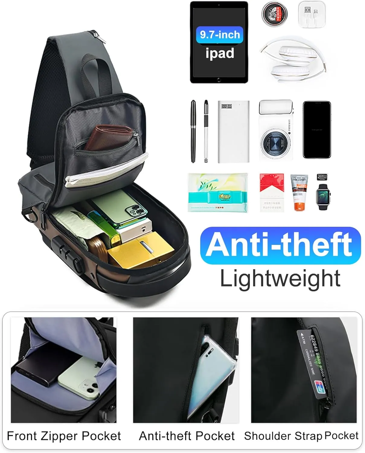 Sling Bag for Men Anti-Theft USB Crossbody Backpack Waterproof Chest Daypack