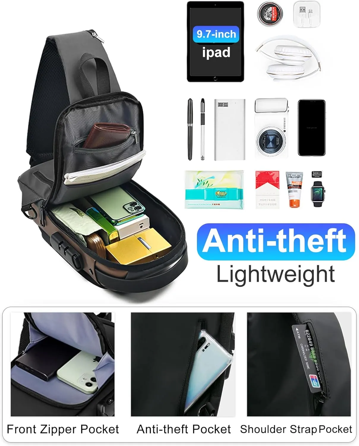 Sling Bag for Men Anti-Theft USB Crossbody Backpack Waterproof Chest Daypack