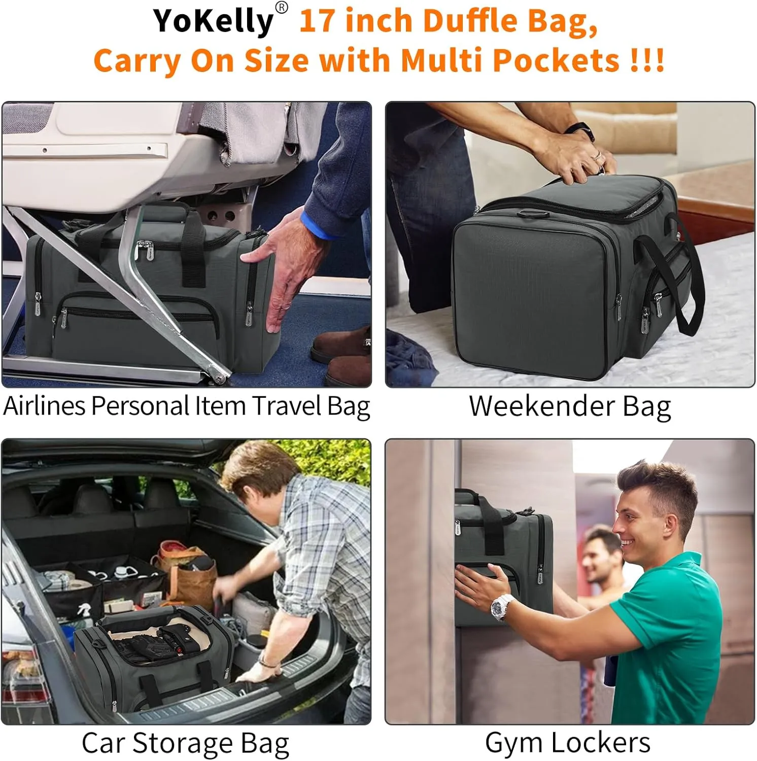 Small Gym Duffle Bag - 17 inch Carry On Weekender Bag for Travel Sport (17x10x9 in) - Dark Grey