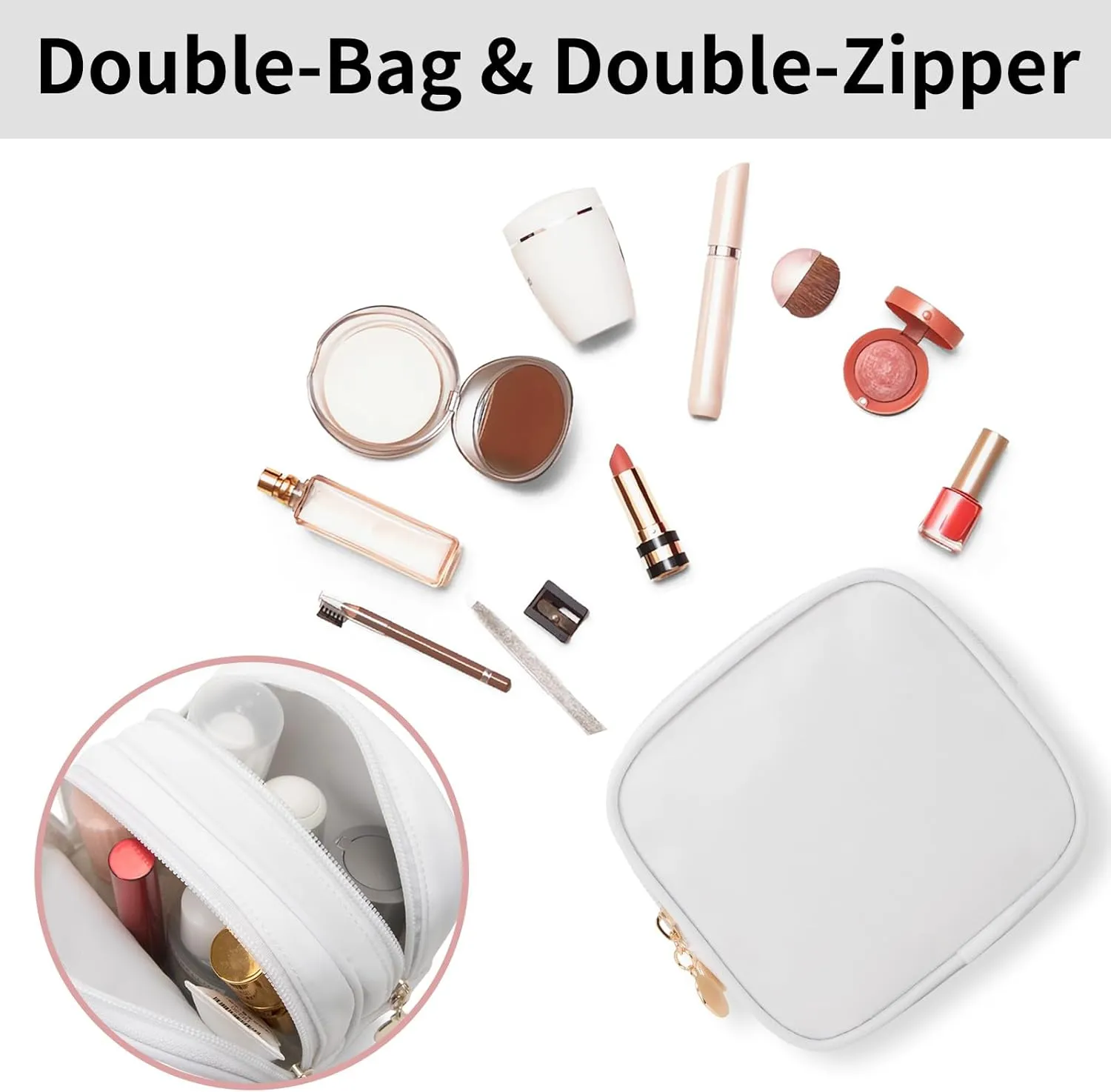 Small Makeup Pouch, Double Zipper Cosmetic Bag, Travel Makeup Bag, Cute Makeup Bag for Purse, Mini Toiletry Bag (White)