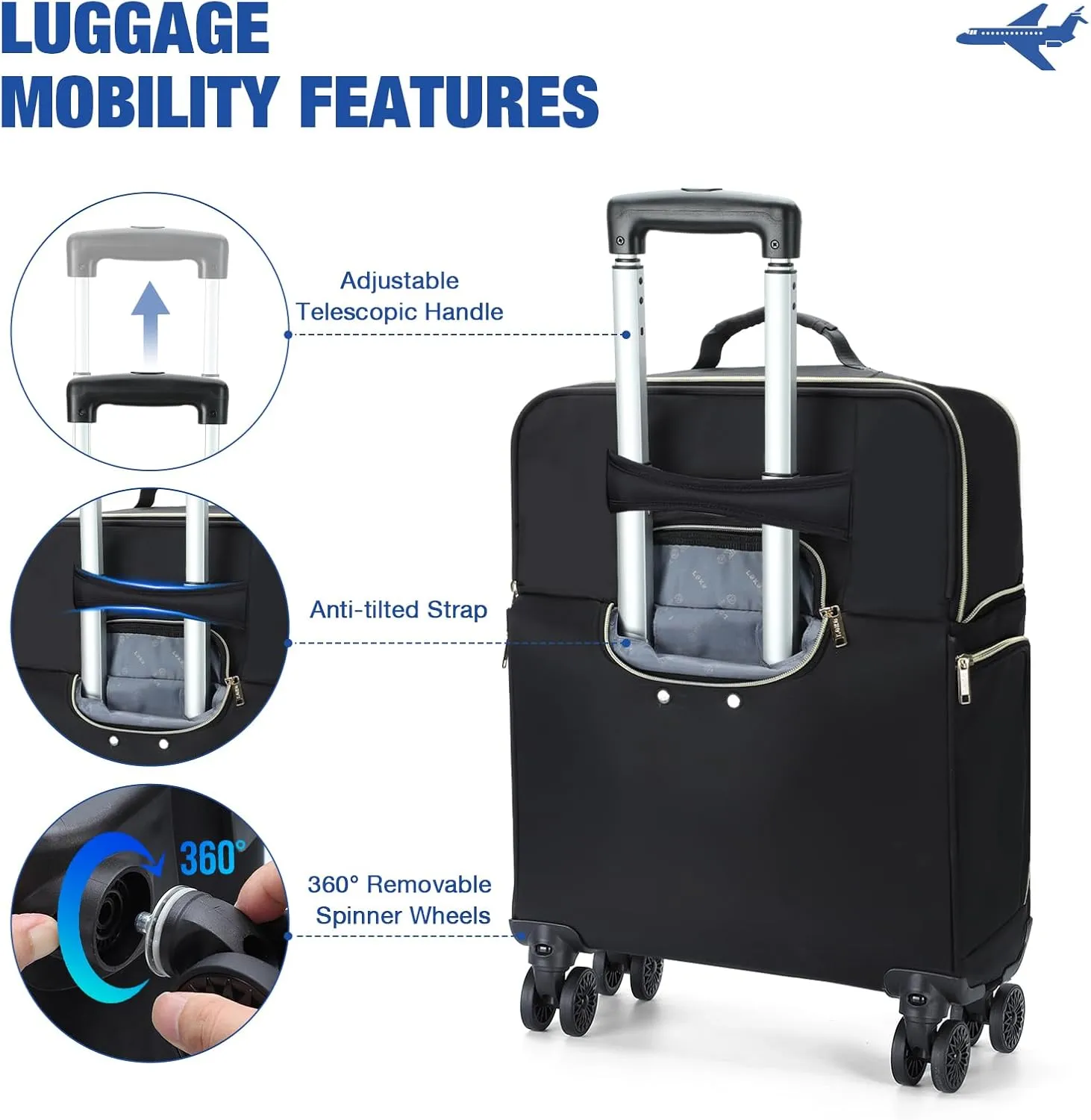 Softside Expandable Carry on Luggage with 4 Removable Spinner Wheels Black