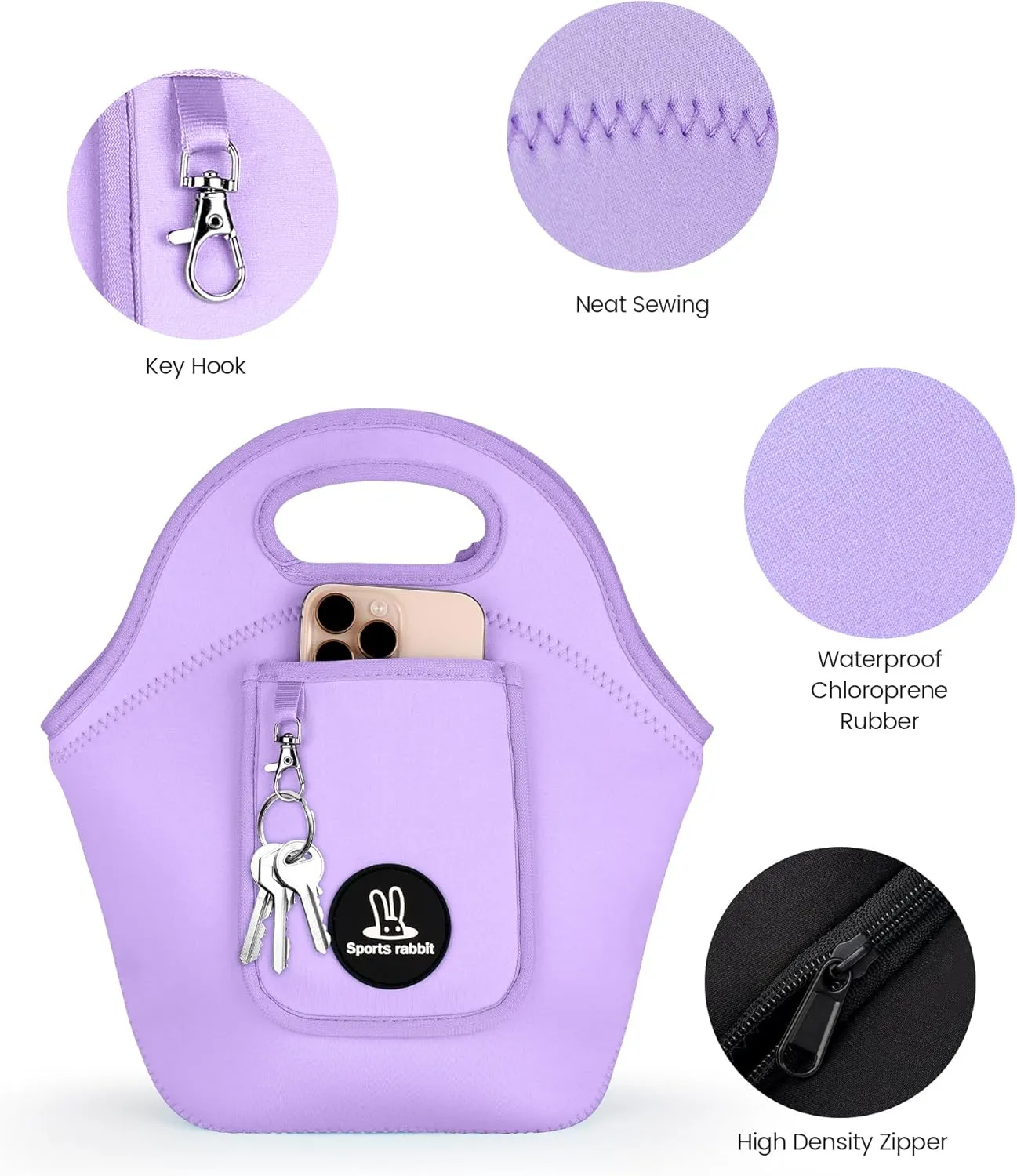Sports rabbit Neoprene Insulated Lunch Bag for Women - Front Pocket for Phone&Keys - Reusable, Foldable, Lightweight, Waterproof, Easy to Store & Clean - Ideal for Work, Travel & Picnics (purple)