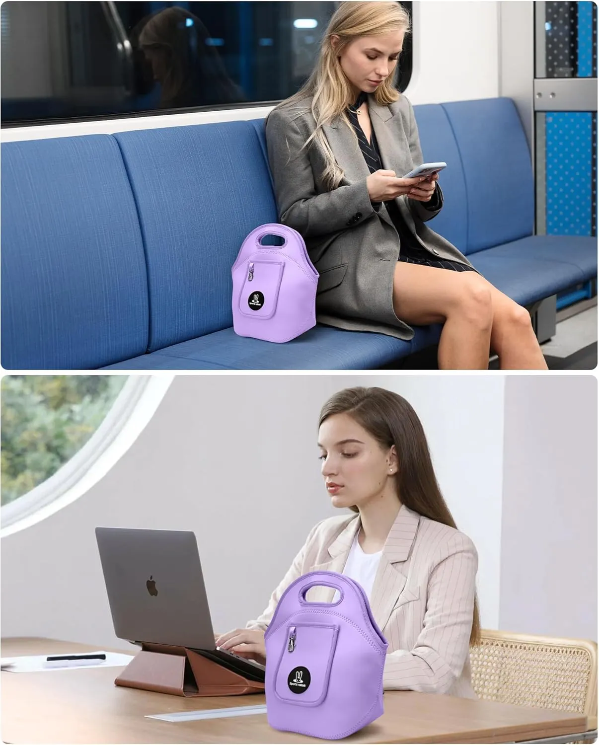 Sports rabbit Neoprene Insulated Lunch Bag for Women - Front Pocket for Phone&Keys - Reusable, Foldable, Lightweight, Waterproof, Easy to Store & Clean - Ideal for Work, Travel & Picnics (purple)