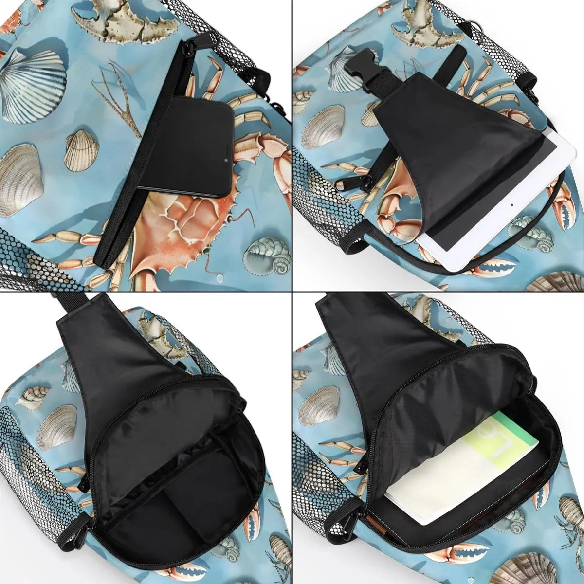 Spring Ocean Sling Bag for Women Men Fanny Pack Small Sling Backpack Starfish Crab Seashell Crossbody Bag Chest Bag Casual Daypack for Work Travel Hiking
