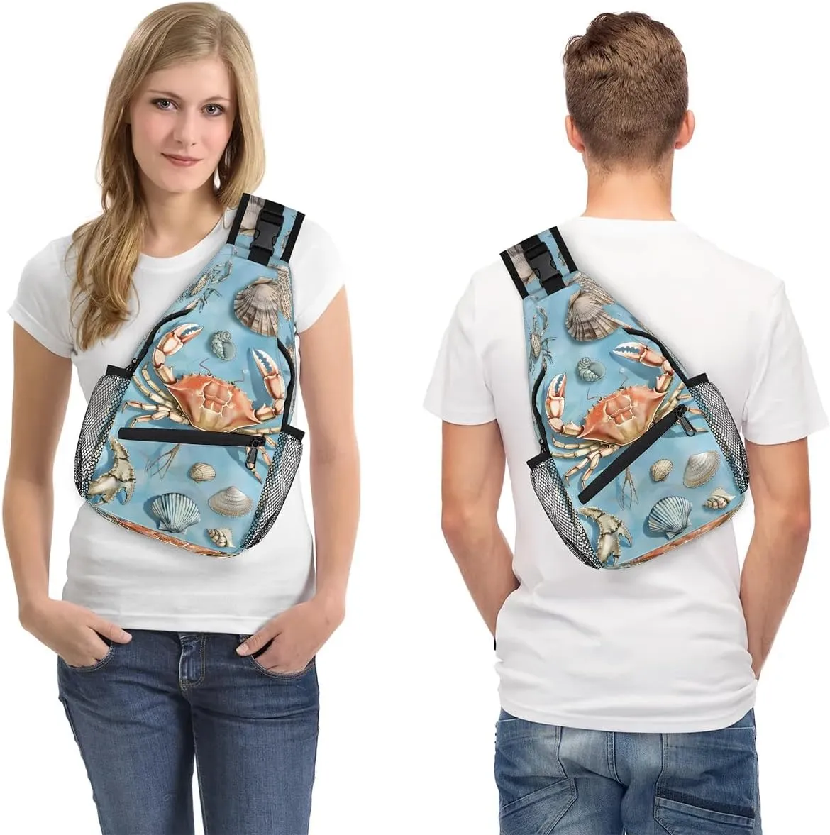 Spring Ocean Sling Bag for Women Men Fanny Pack Small Sling Backpack Starfish Crab Seashell Crossbody Bag Chest Bag Casual Daypack for Work Travel Hiking