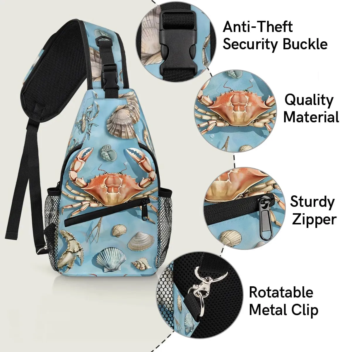 Spring Ocean Sling Bag for Women Men Fanny Pack Small Sling Backpack Starfish Crab Seashell Crossbody Bag Chest Bag Casual Daypack for Work Travel Hiking