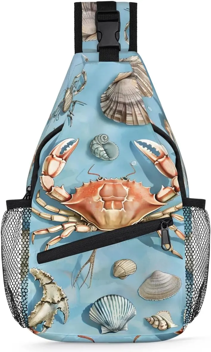 Spring Ocean Sling Bag for Women Men Fanny Pack Small Sling Backpack Starfish Crab Seashell Crossbody Bag Chest Bag Casual Daypack for Work Travel Hiking