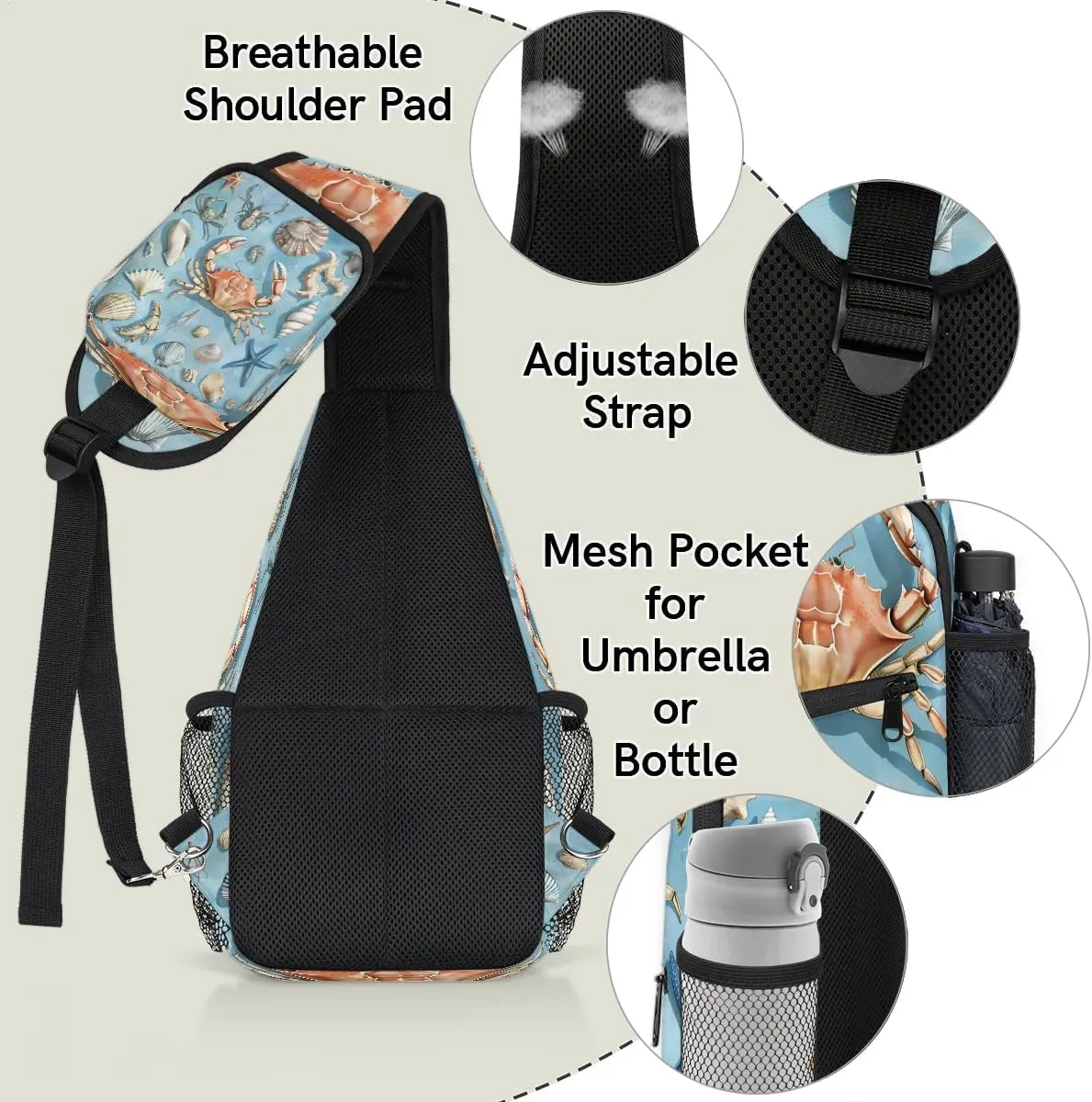 Spring Ocean Sling Bag for Women Men Fanny Pack Small Sling Backpack Starfish Crab Seashell Crossbody Bag Chest Bag Casual Daypack for Work Travel Hiking
