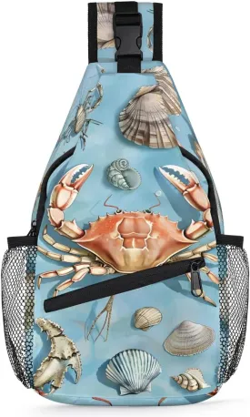 Spring Ocean Sling Bag for Women Men Fanny Pack Small Sling Backpack Starfish Crab Seashell Crossbody Bag Chest Bag Casual Daypack for Work Travel Hiking