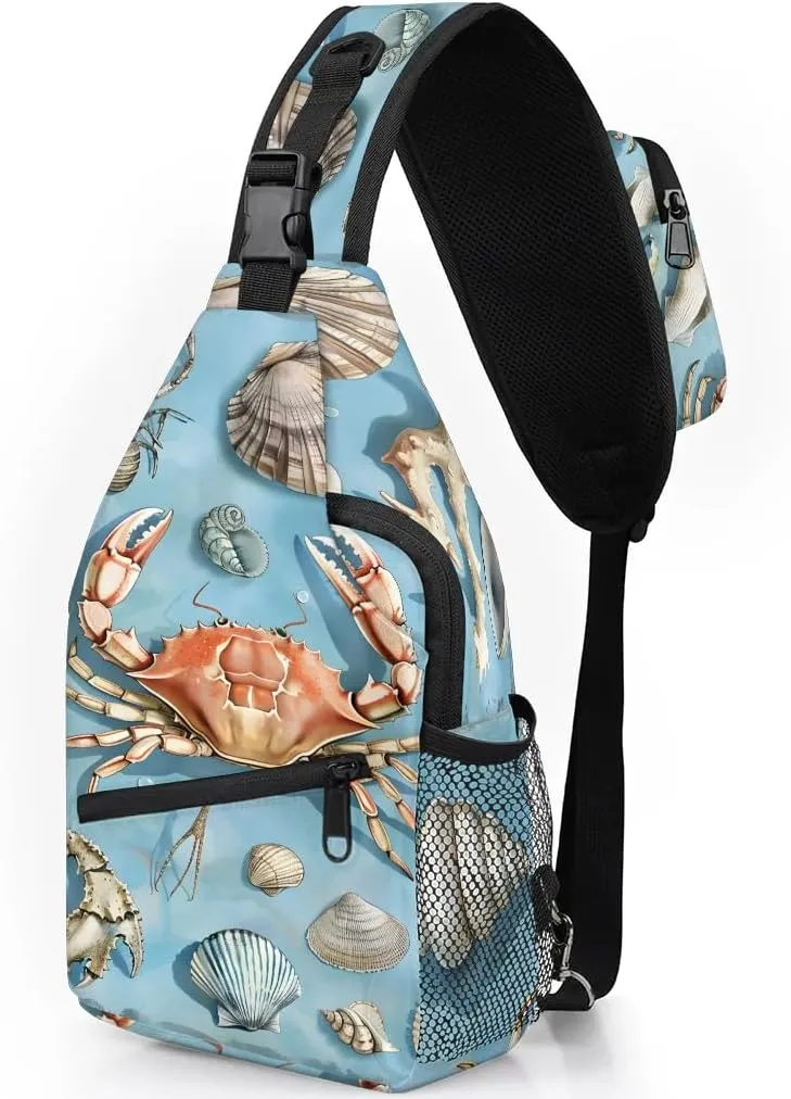 Spring Ocean Sling Bag for Women Men Fanny Pack Small Sling Backpack Starfish Crab Seashell Crossbody Bag Chest Bag Casual Daypack for Work Travel Hiking
